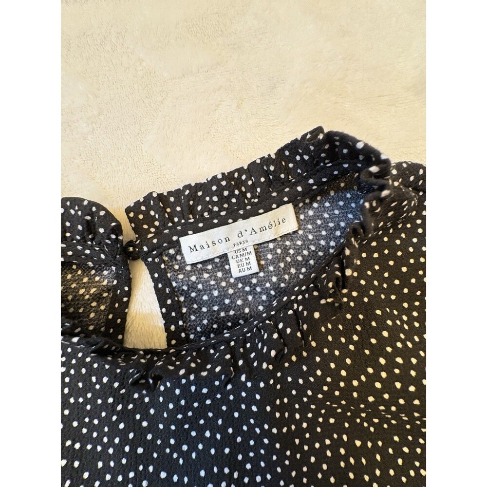 Maison d'Amelia Polkadot Blouse Long Sleeves Silky Ivory Black Dots Medium - Picture 2 of 8